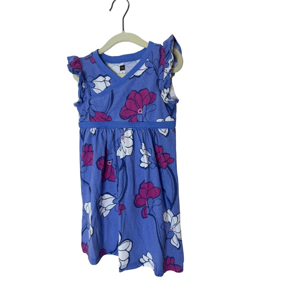 Tea Collection Dress Girls 5 Blue Floral Flutter Sleeve Empire Waist Cotton